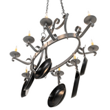 Underside angled view of Laramie chandelier pot rack lit.