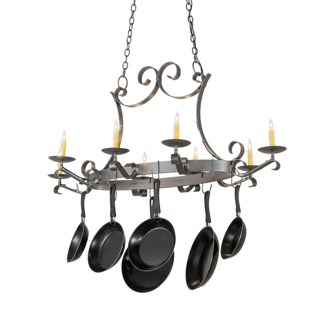 Front view of Laramie 8 light pot rack chandelier.