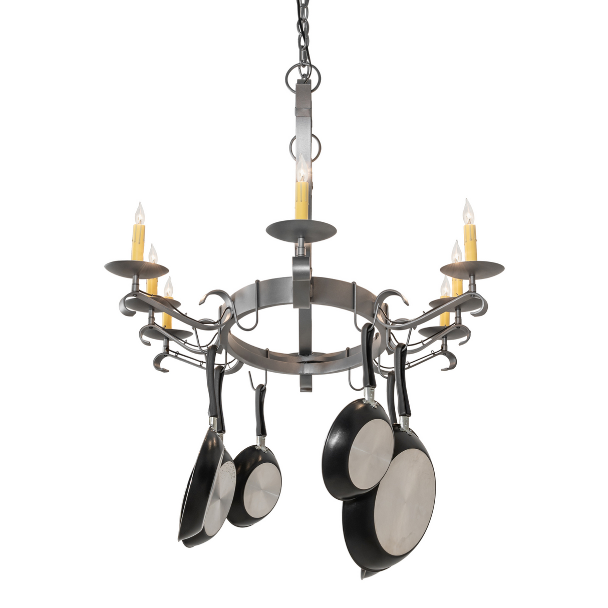 Rear perspective of hand-forged Laramie chandelier lit.