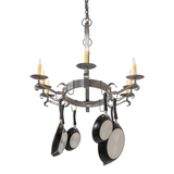 Rear perspective of hand-forged Laramie chandelier lit.