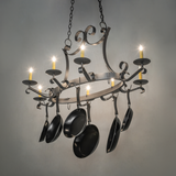 Laramie chandelier glowing in rustic kitchen setting.