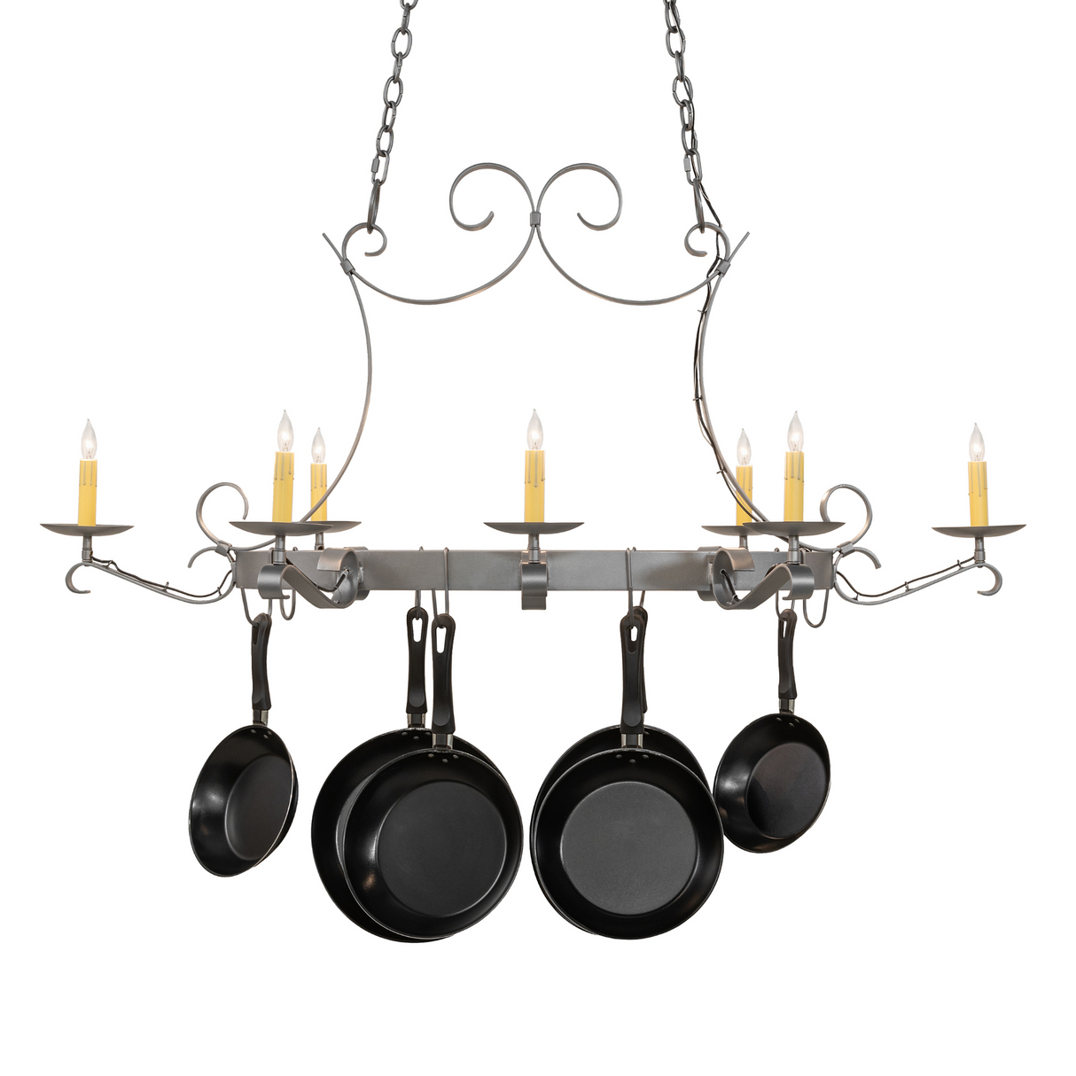 Side perspective of Laramie chandelier glowing candles.