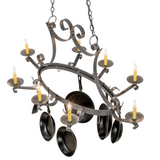 Top angled view of Laramie chandelier pot rack lit.