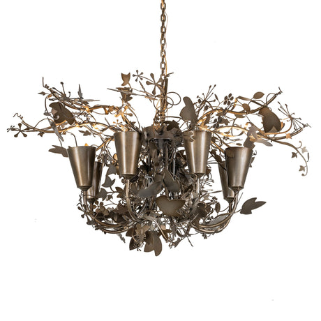 Lau Lau 8 light chandelier lit view with warm glow.