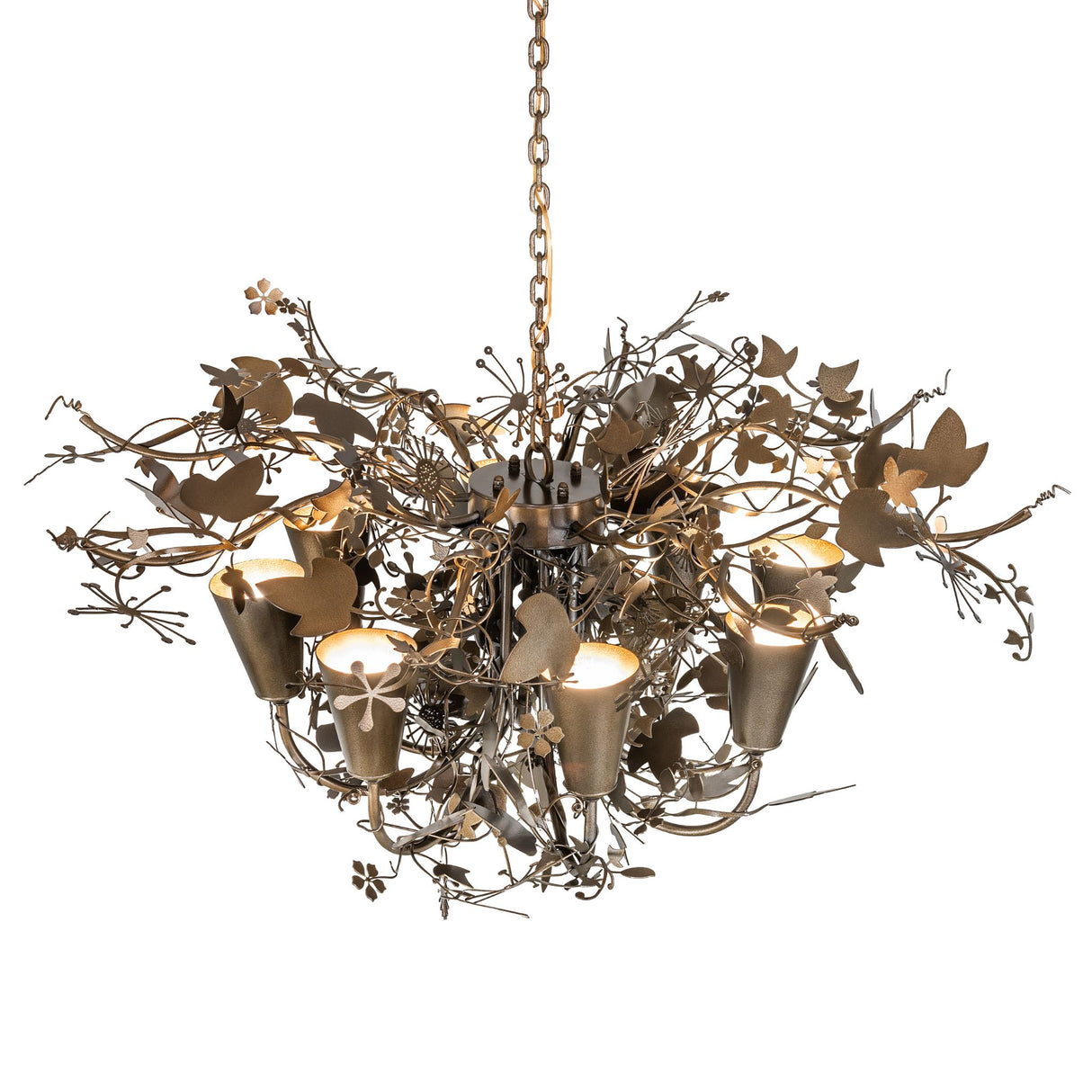 Lau Lau 8 light chandelier top angle view of metal leaf design.