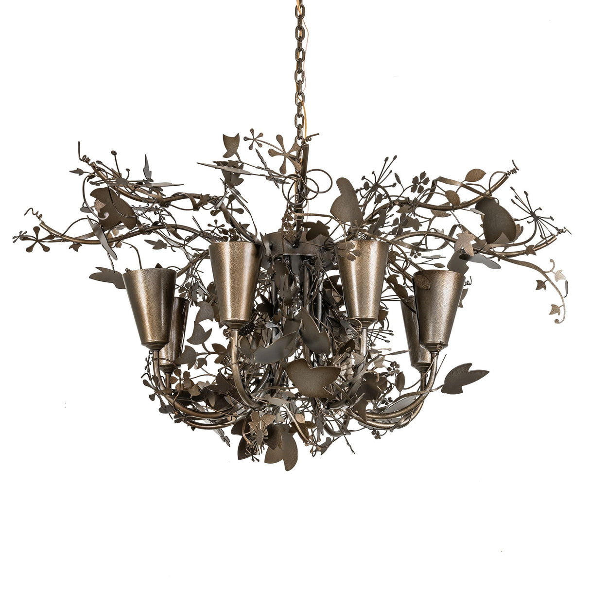 Lau Lau 8 light chandelier unlit front view with metal leaves.