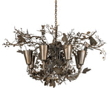 Lau Lau 8 light chandelier unlit front view with metal leaves.