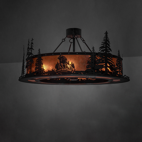 Ambient room view of Lazy Bear Lodge chandelier fan in warm lighting.