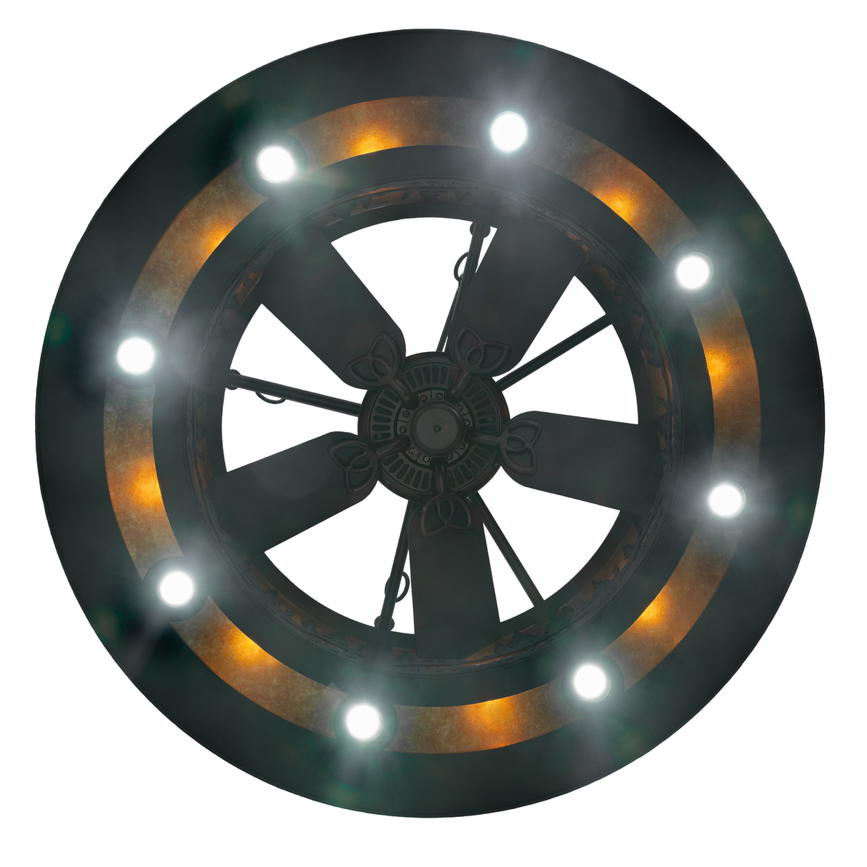 Bottom view of Lazy Bear Lodge chandelier fan with circular light layout.