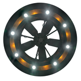 Bottom view of Lazy Bear Lodge chandelier fan with circular light layout.