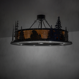 Dimly lit Lazy Bear Lodge chandelier showing rustic forest design.