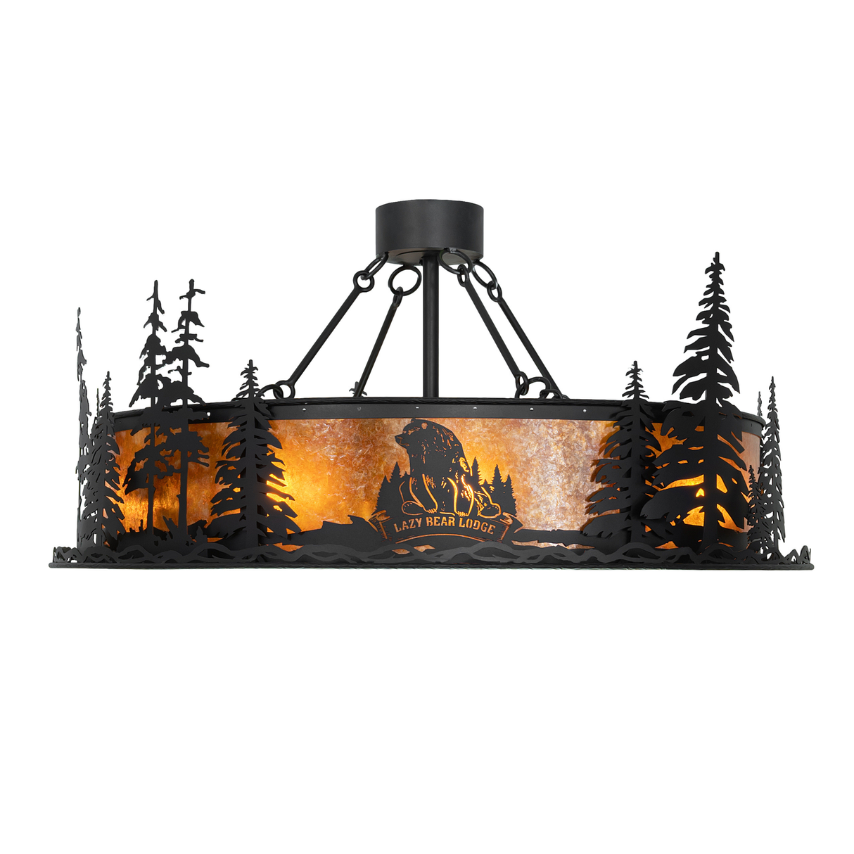 Side profile of Lazy Bear Lodge chandelier fan with forest cutouts.