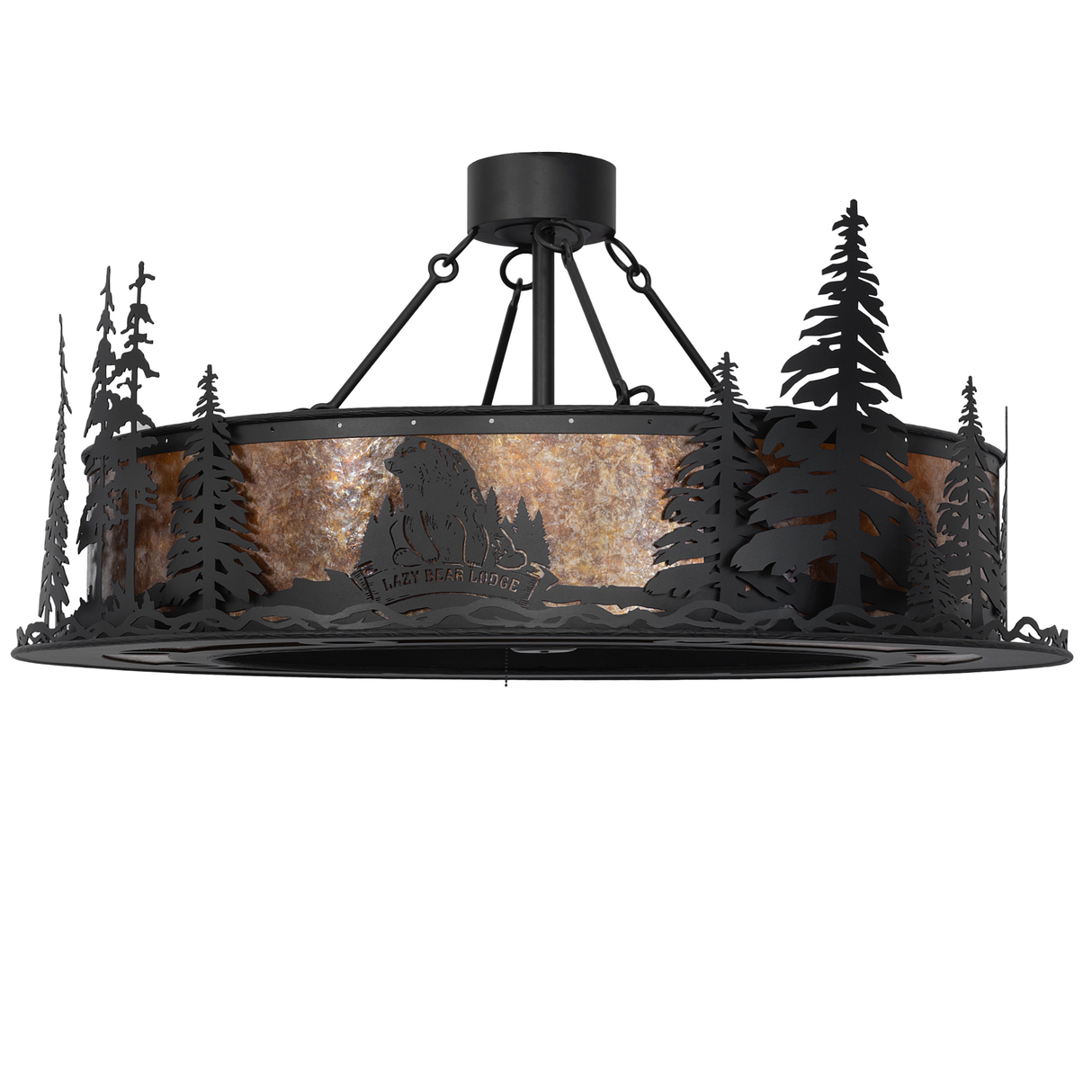 Unlit angled view of Lazy Bear Lodge chandelier showing metal detailing.