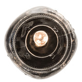 Bottom view of lit mason jar pendant showcasing filament bulb.