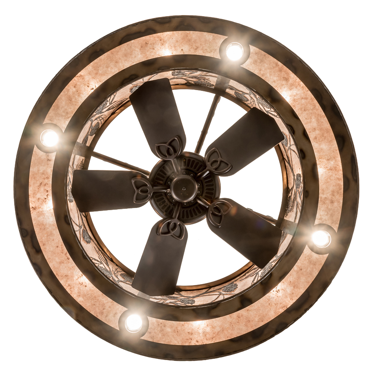 Bottom lit view of fan and light ring with glowing mica panels.
