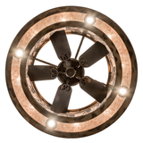 Bottom lit view of fan and light ring with glowing mica panels.