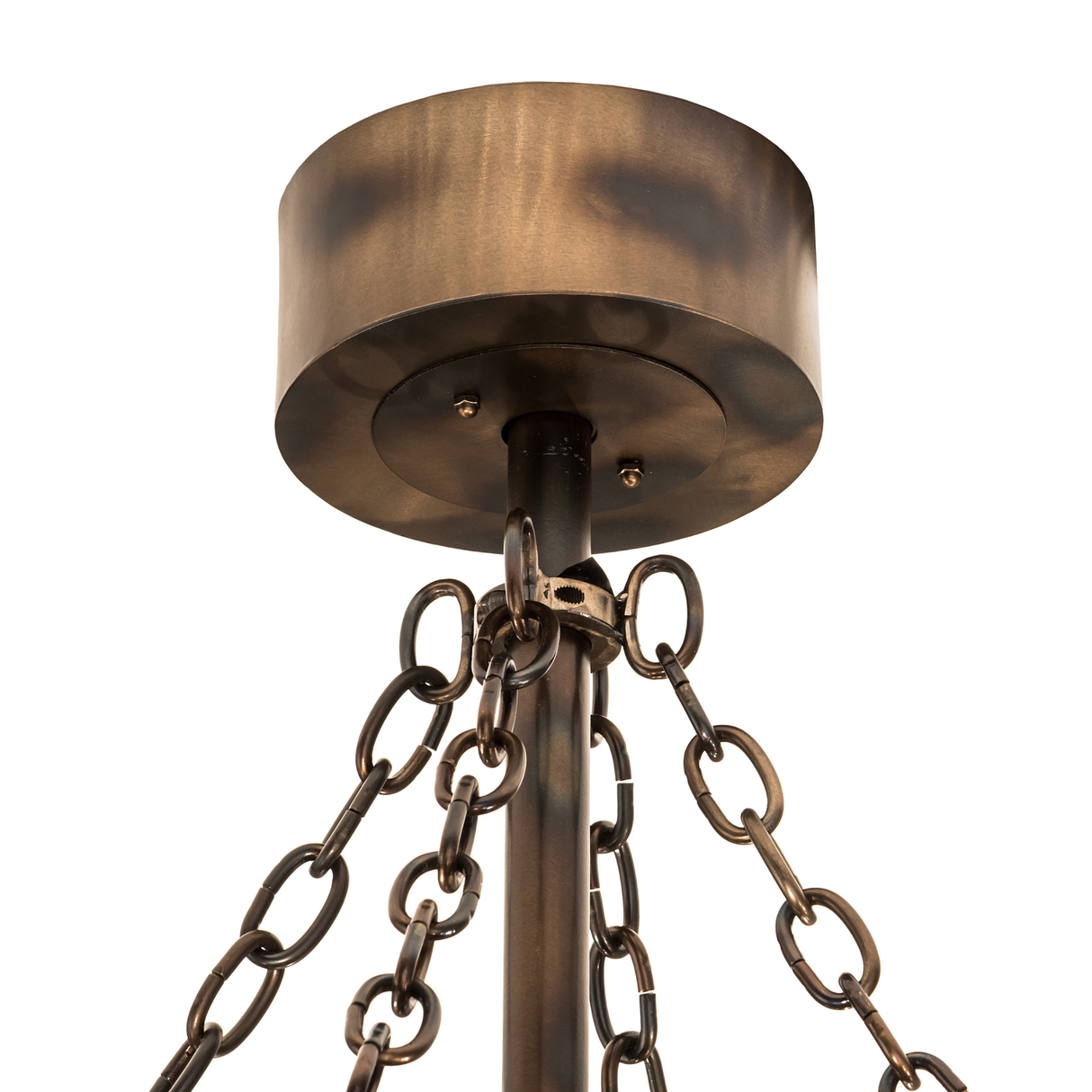 Close-up of circular canopy and suspension chains in antique copper finish.