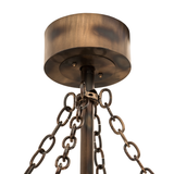 Close-up of circular canopy and suspension chains in antique copper finish.