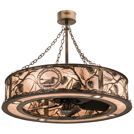 Lit angled view of 45" Loon Chandel-Air with silver mica diffuser and rustic design.
