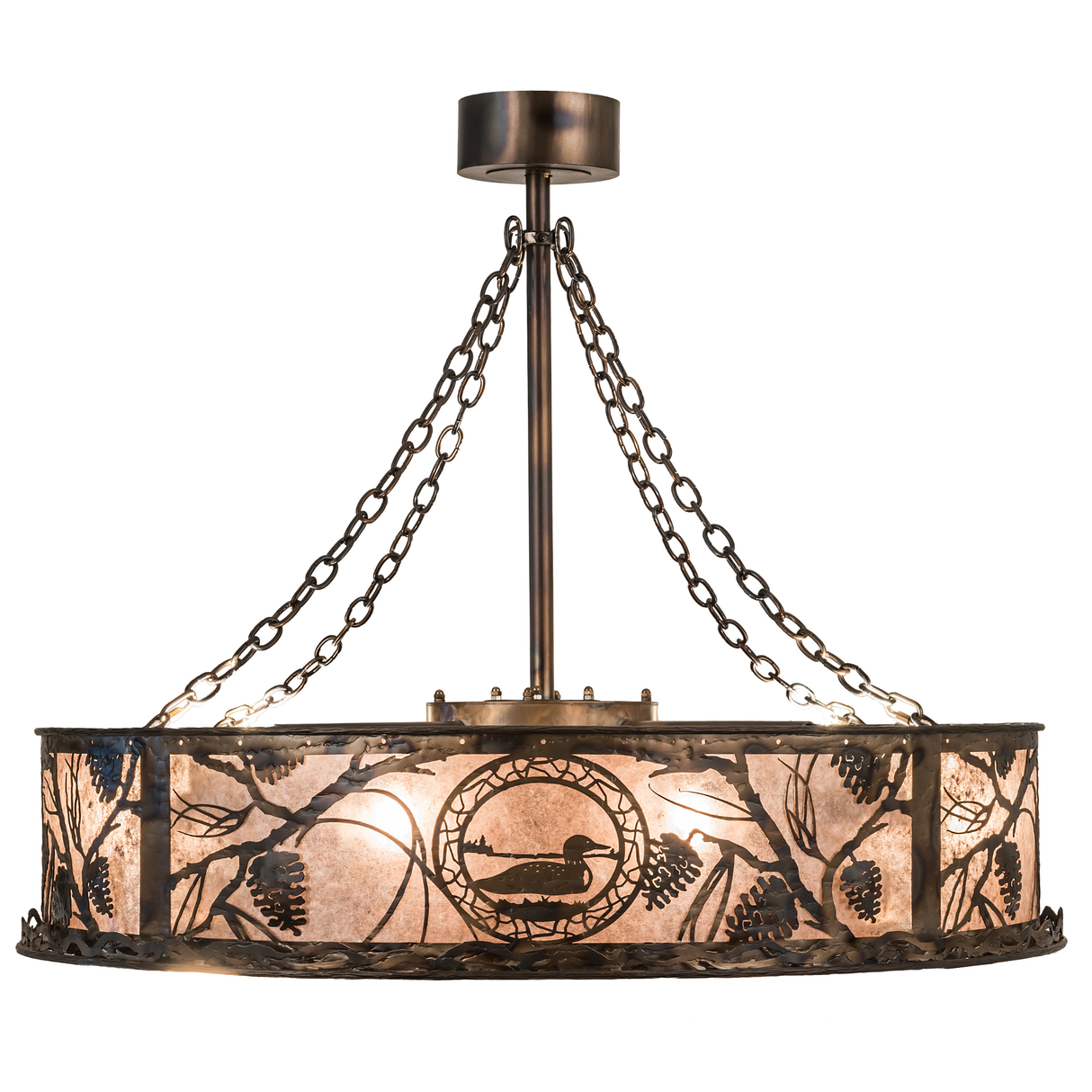 Side view showing circular woodland pattern and soft mica glow.