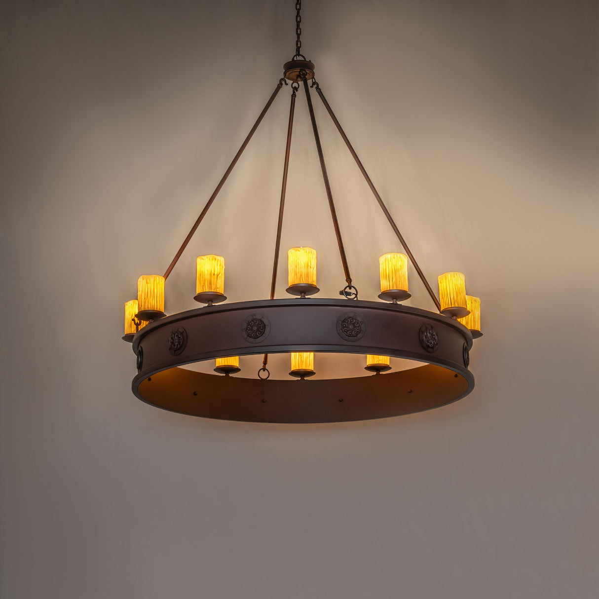 Lorenzo chandelier illuminated in an interior setting.
