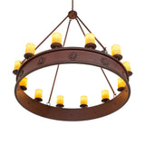 Bottom angle view of chandelier with candle-style lights.
