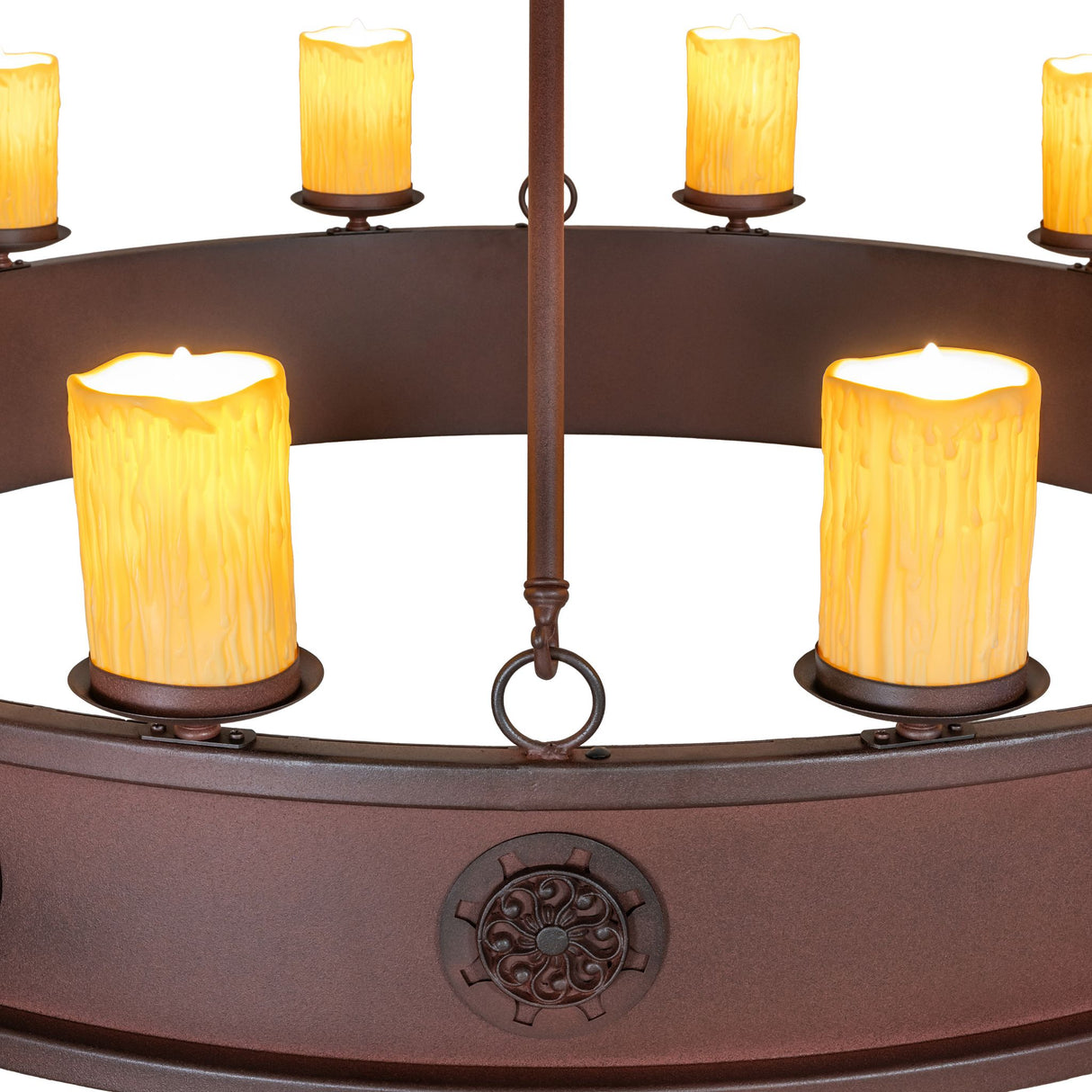 Close-up of chandelier wrought iron ring detail and candle lights
