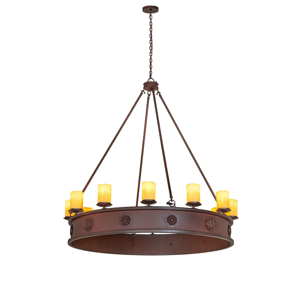 Full view of 12 light chandelier with candle lights with suspended rods.