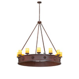 Full view of 12 light chandelier with candle lights with suspended rods.