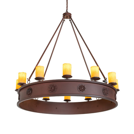 Lit view of 12 light chandelier with ivory candle sleeves.