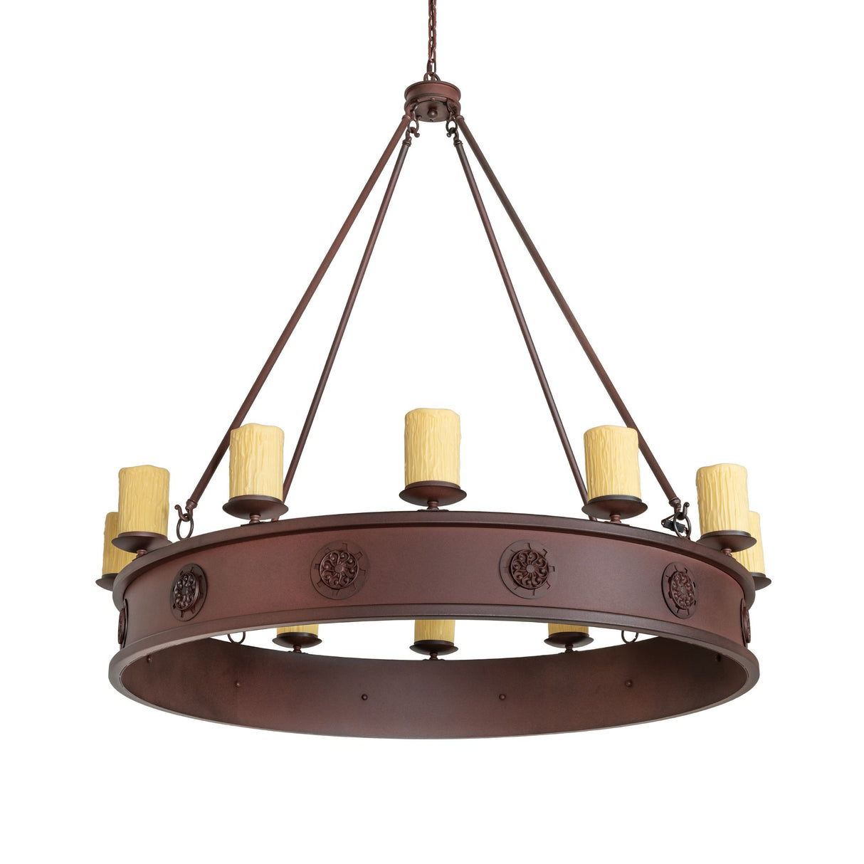 Unlit view of 12 light chandelier with wrought iron ring frame.
