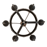 Bottom view of six light chandelier showing circular layout and internal metal framework.
