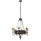 Full view of chandelier showing chain suspension, circular frame, and candle-style lights.