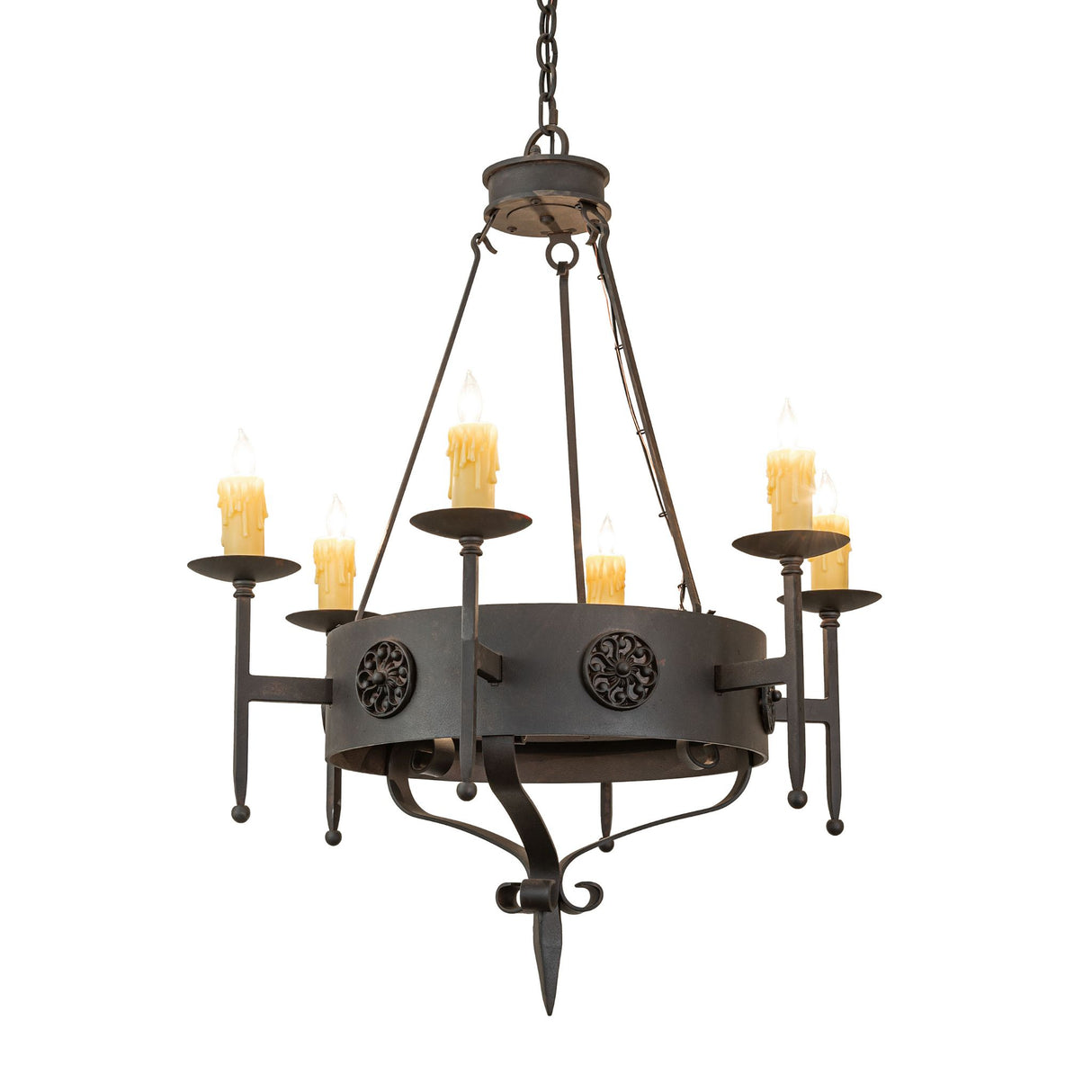 Lorenzo six light chandelier lit view showcasing warm candlelight glow and gothic metal frame.