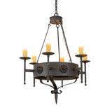 Lorenzo six light chandelier lit view showcasing warm candlelight glow and gothic metal frame.