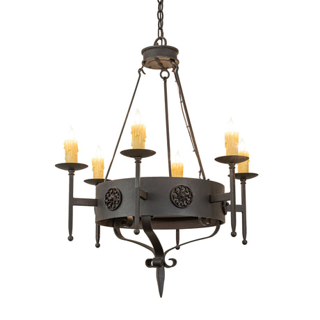 Lorenzo six light chandelier lit view showcasing warm candlelight glow and gothic metal frame.