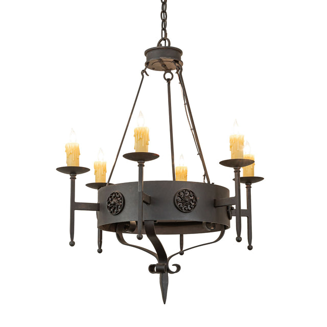 Lorenzo six light chandelier lit view showcasing warm candlelight glow and gothic metal frame.