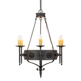 Side view of six light chandelier displaying circular band, candle arms, and gothic detailing.