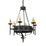 Unlit Lorenzo six light chandelier showing chestnut metal finish, floral medallions, and candle holders.