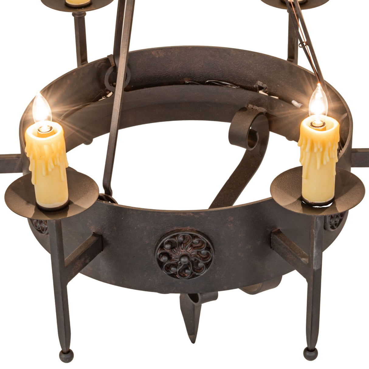 Detailed view of Lorenzo chandelier gothic metal frame, scrollwork, and candlelights.