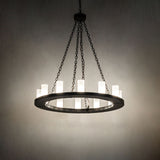 Loxley 12 light chandelier glowing in ambient room setting.