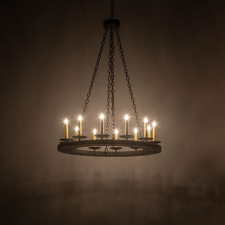 Ambient room view of Loxley chandelier illuminated with candle-style bulbs.