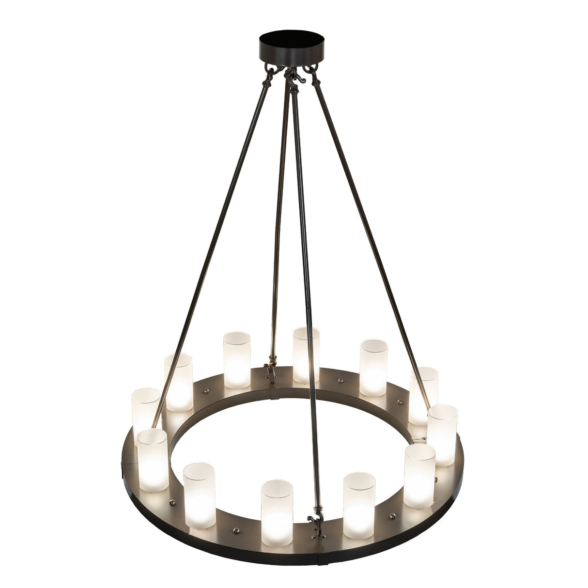 Angled view of chandelier showing the circular ring and glass cylinders.