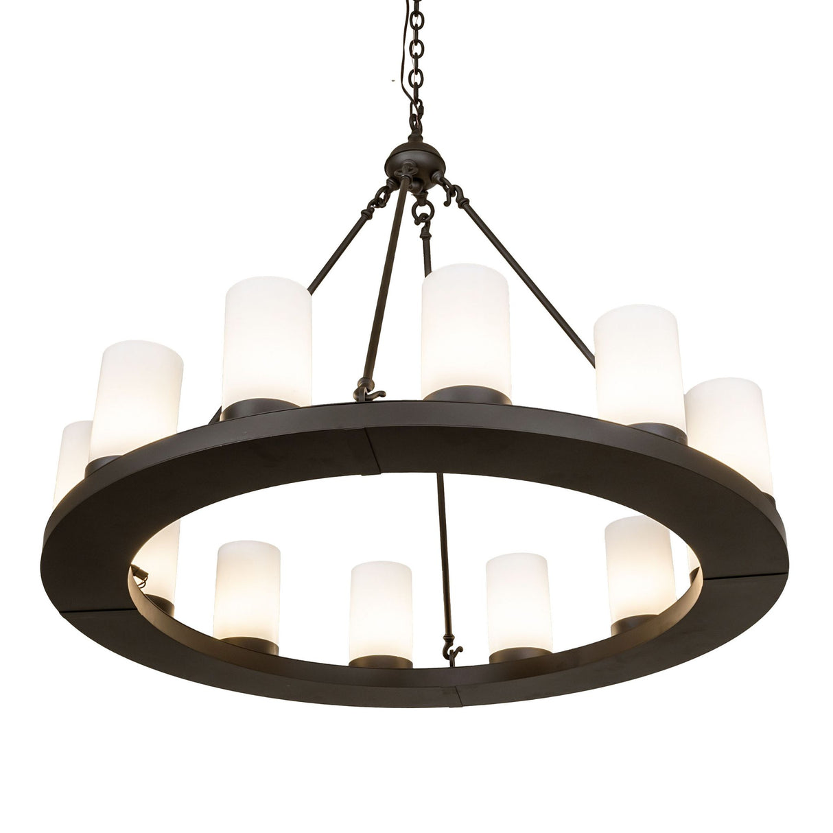 Bottom angle view of the Loxley chandelier emphasizing the circular form and inner lighting.