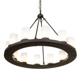 Bottom angle view of the Loxley chandelier emphasizing the circular form and inner lighting.
