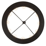 Bottom view of the chandelier revealing evenly spaced cylindrical glass lights on circular frame.