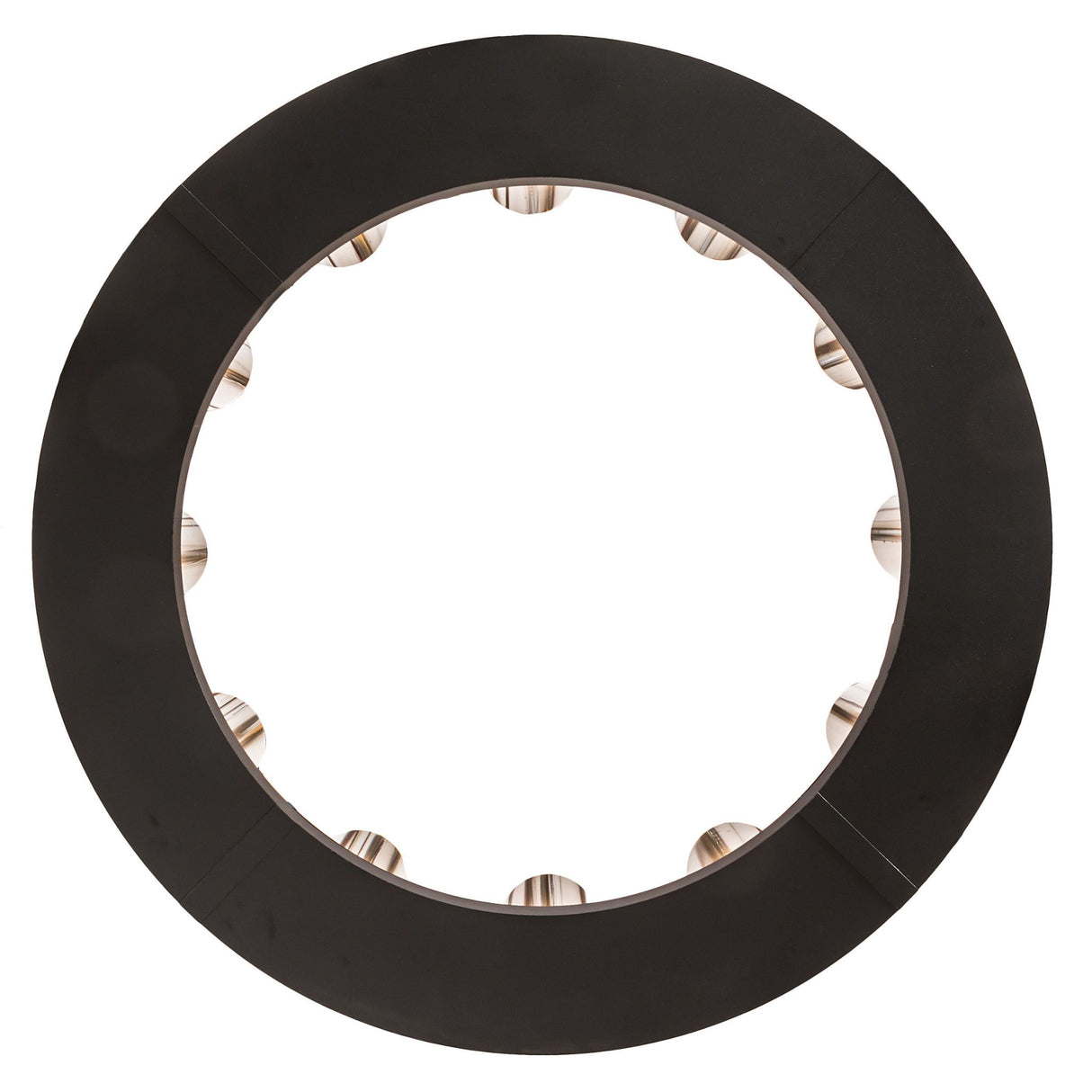 Bottom view of Loxley 12 light chandelier showing circular light arrangement.