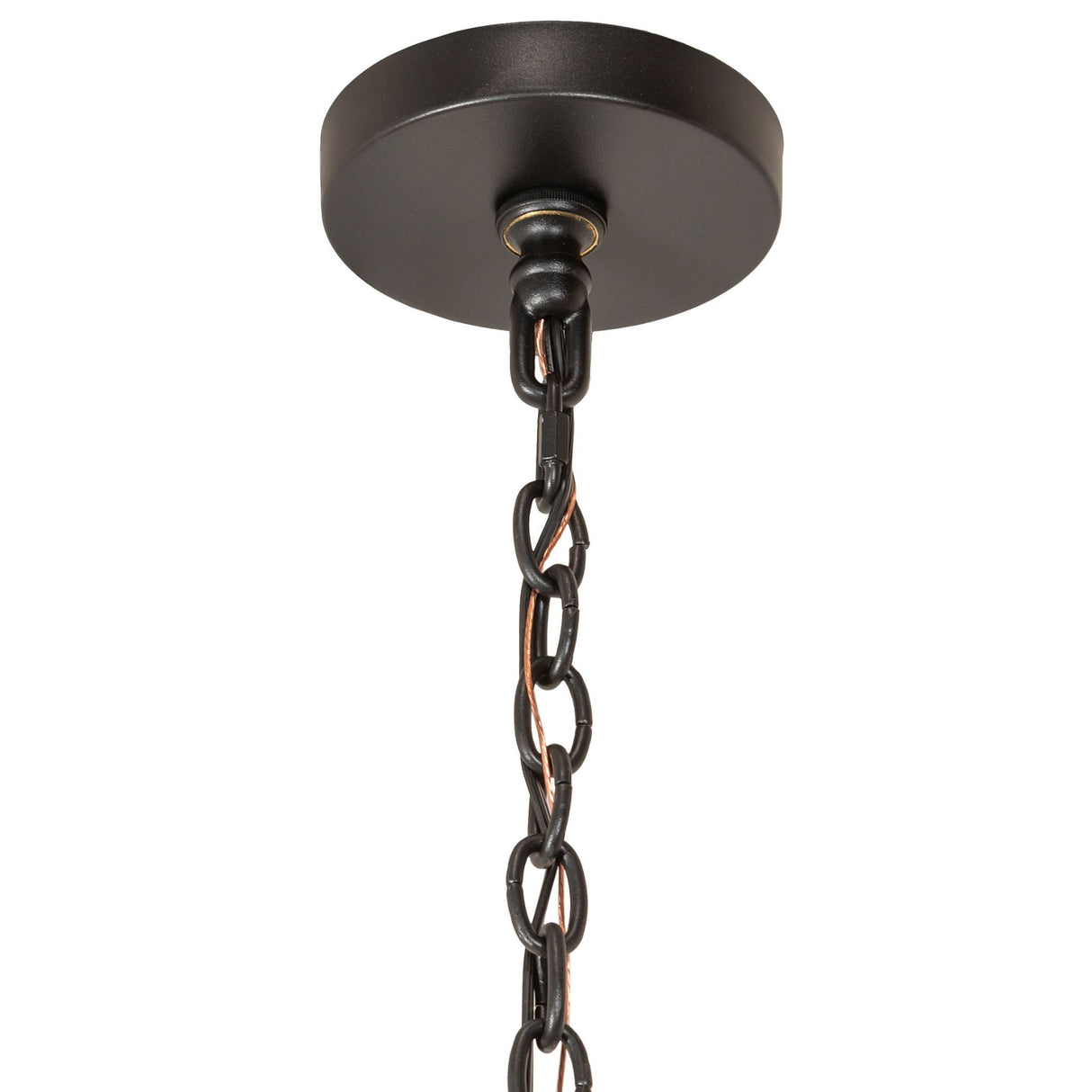 Closeup of ceiling canopy and chain detail of 12 light chandelier.