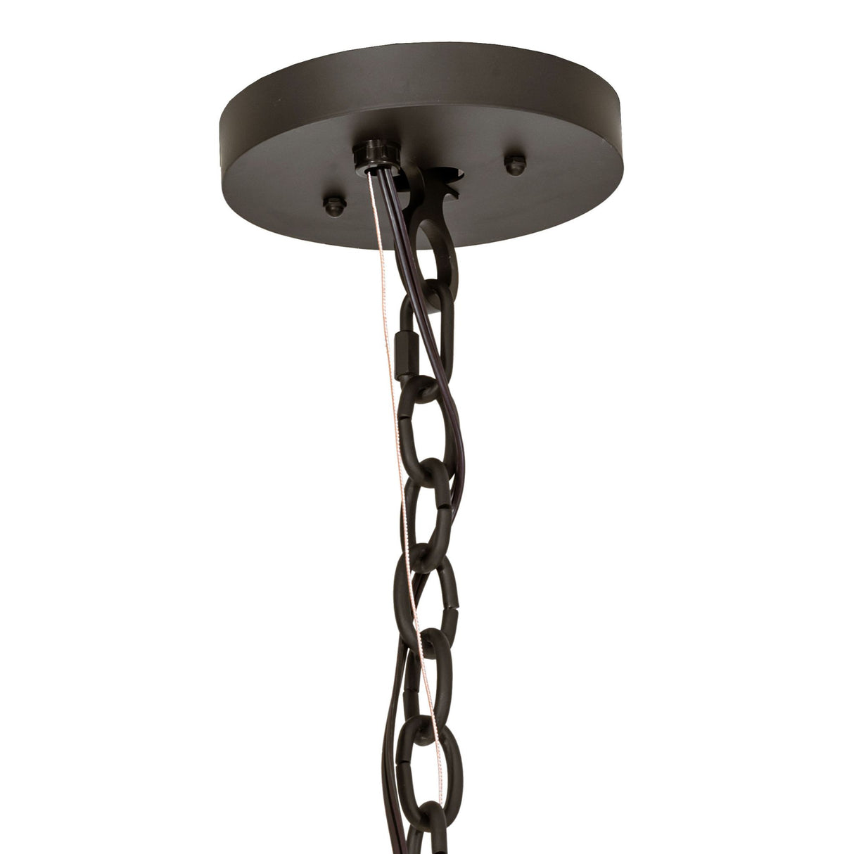 Close-up view of ceiling canopy and adjustable chain on the Loxley 12-light chandelier.