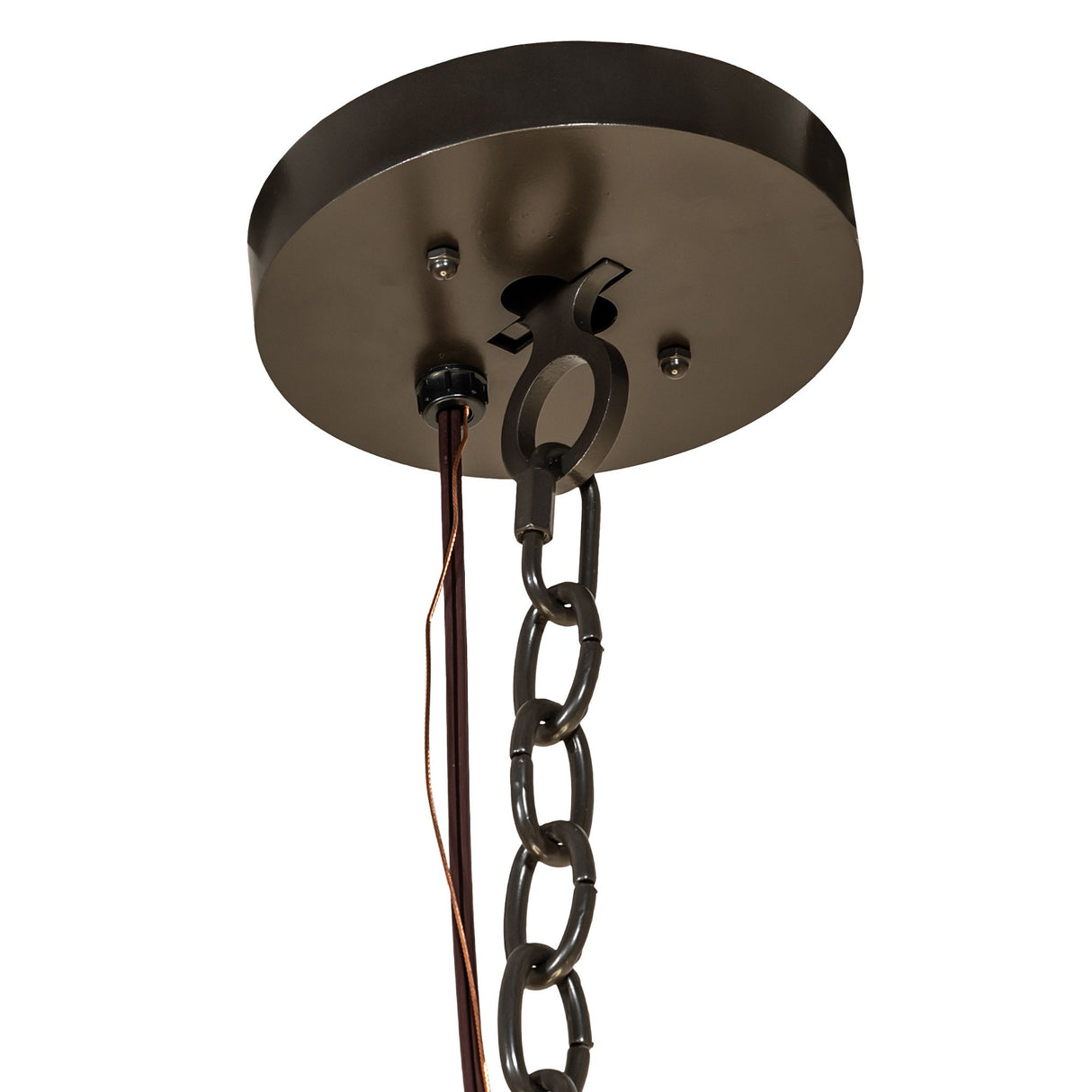 Close-up of ceiling canopy and chain suspension on Loxley chandelier.